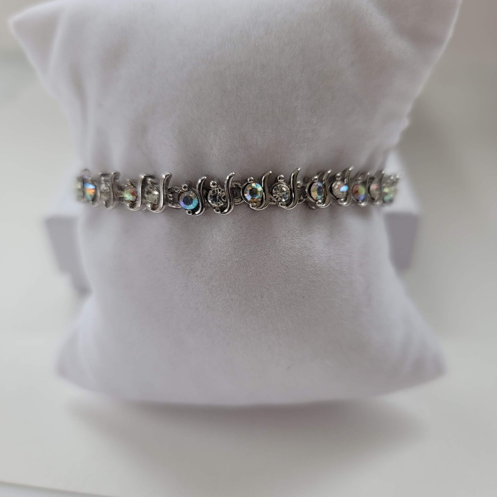 Silver Tone‎ AB Crystal S-Link Tennis Bracelet Iridescent 6.5 Glam Classic Chic